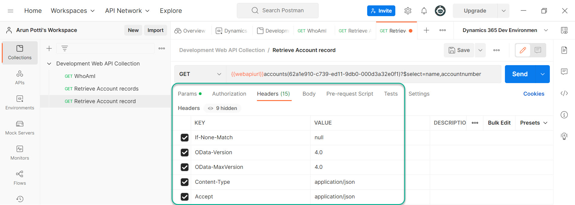 Retrieve A Particular Table Record From The Dataverse Environment In Postman